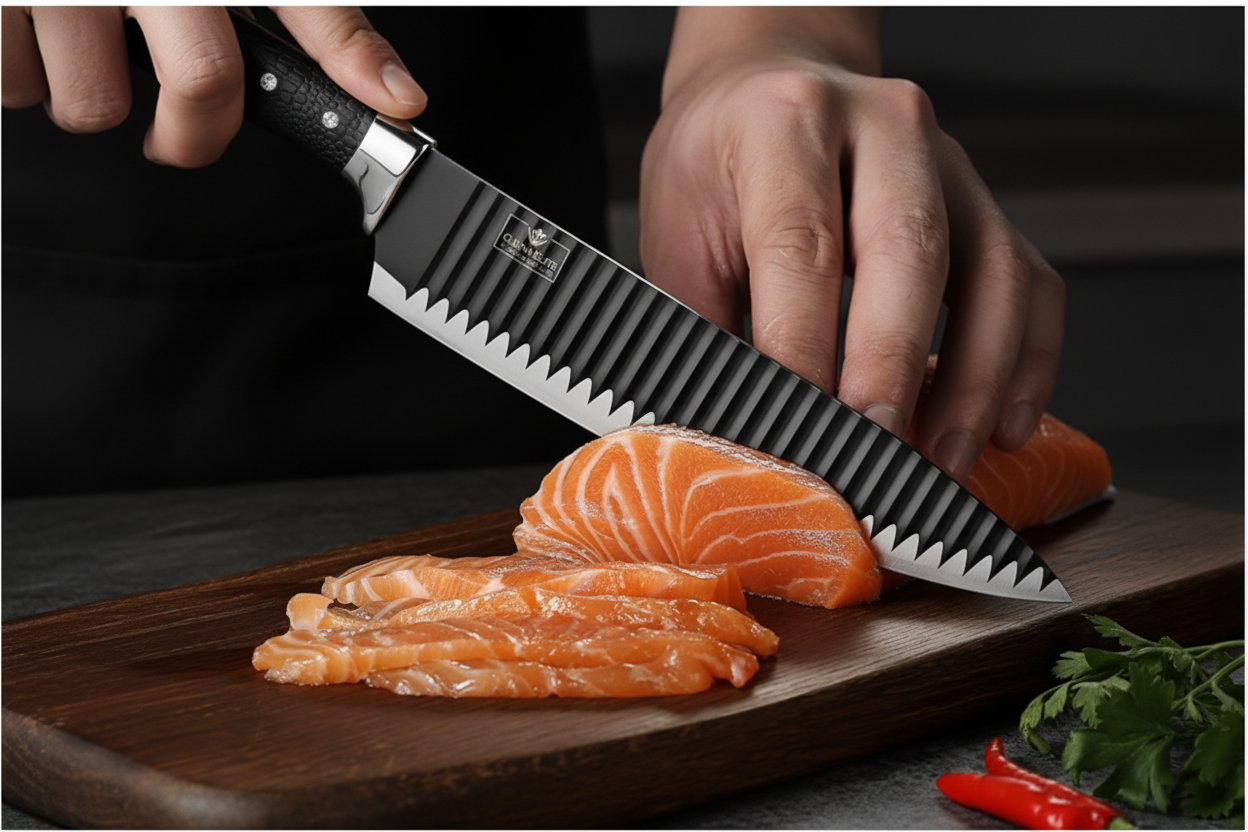 Chef Knife Slicing Salmon